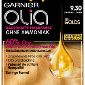 Garnier Dauerhafte Haarfarbe ohne Ammoniak mit pflegenden, natürlichen Ölen, Vollständige Grauhaarabdeckung, Olia Permanente Coloration, 9.30 Karamellgold (Blond), 1 Stück