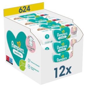 Pampers Sensitive Feuchttücher 12 Packungen mit 52 Stück - 624 Feuchttücher, ohne Duft, für eine sanfte und weiche Reinigung