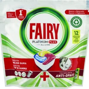 Fairy Platinum Spülmaschinentabs Plus, Klarspüler, 12 Spülmaschinenkapseln, Zitrone, Anti-Matt-Technologie mit Klarspülwirkung, gegen Fett und hartnäckige Verkrustungen