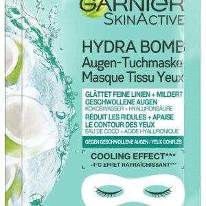 Garnier Augen-Tuchmaske, Feuchtigkeitsspendend, Gegen geschwollene Augen, Glättung feiner Linien, Vegane Formel mit Kokoswasser und Hyaluronsäure, Hydra Bomb, 6 g