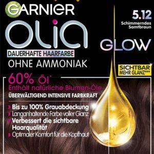 Garnier Dauerhafte Haarfarbe ohne Ammoniak mit pflegenden, natürlichen Ölen, Vollständige Grauhaarabdeckung, Olia Permanente Coloration, 5.12 Schimmerndes Samtbraun, 1 Stück