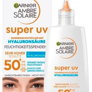 Garnier Ambre Solaire LSF 50+ Super UV Fluid, mit Hyaluronsäure für tägliche Pflege, ultraleicht & mattierend für das Gesicht, unsichtbar, Schutz vor Sonnenbrand & Pigmentflecken, 40ml