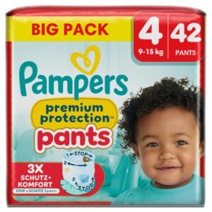 Pampers Premium Protection Pants Größe 4, 42 Windeln, 9kg-15kg, Mit 360° Passform und 2x breiteren Bündchen als vorher für unseren besten Komfort & Schutz