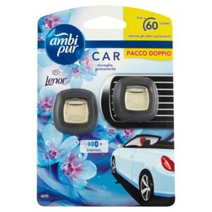 Ambi Pur Auto-Lufterfrischer, 2 Tabletten à 2 ml, Duft Lenor Frühling, beseitigt Gerüche, einfach anzubringen, hält bis zu 2 Monate, Einsatz und Sprühnebel