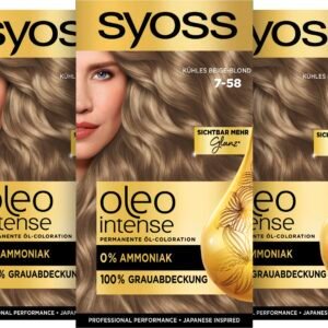 Syoss Oleo Intense Öl-Coloration 7-58 Kühles Beige-Blond Stufe 3 (115 ml), dauerhafte Haarfarbe mit pflegendem Öl, Coloration ohne Ammoniak