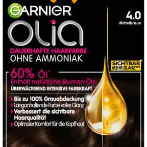 Garnier Olia Dauerhafte Haarfarbe ohne Ammoniak, Mit pflegenden und natürlichen Ölen, intensive Farbkraft, Vollständige Grauhaarabdeckung, Permanente Coloration, Nr. 4.0 Mittelbraun,1 Stück