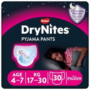 HUGGIES DryNites Schlafanzughose für Mädchen – Größen 4–7 Jahre (30 Hosen) – unschlagbarer Schutz bei Nacht mit diskretem Schutz und lustigen Designs