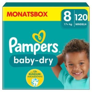 Pampers Baby-Dry Große 8, 120 Windeln, 17 kg Plus, Monatspackung, bis zu 100 Prozent auslaufsichere Nacht