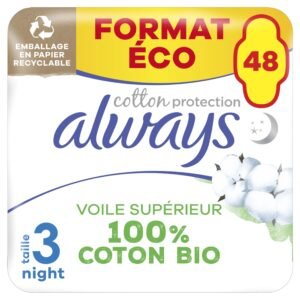 Always Ultra Binden Damen Gr. 3, Cotton Protection Night, 48 Damenbinden mit Flügeln (3 x 16 Stück), Monatspaket, ultradünn und super absorbierend