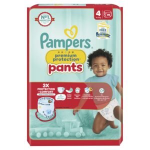 Pampers Premium Protection Pants Größe 4, 19 Windeln, 9 kg - 15 kg, mit einem 360°-Halt und weichen Auslaufbarrieren, 2 mal breiter als vorne für Komfort und Schutz