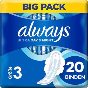 Always Ultra Binden Damen Gr. 3, Day & Night (20 Damenbinden mit Flügeln) Big Pack, dünn und super saugfähig, geruchsneutralisierend und Auslaufschutz