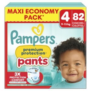 Pampers Premium Protection Pants Große 4, 82 Windeln, 9 kg - 15 kg, mit einem 360°-Halt und weichen Auslaufbarrieren, 2 mal breiter als vorne für Komfort und Schutz
