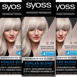 Syoss Color Coloration 12_59 Kühles Platinblond Aufheller Stufe 3 (3 x 115 ml), Haarfarbe mit Anti-Gelbstich-Effekt für kühles Blond, bis zu 70 % weniger Haarbruch