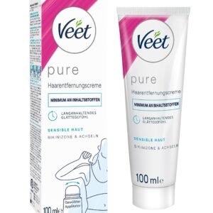 Veet Pure Haarentfernungscreme für Bikinizone & Achseln - Enthaarungscreme für sensible Haut - 100 ml Tube mit gewölbtem Applikator & Spatel