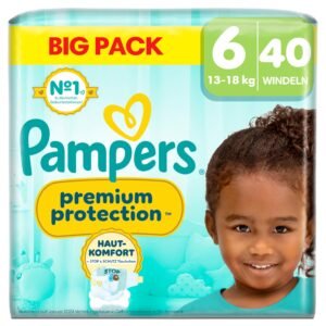 Pampers Premium Protection Große 6, 40 Windeln, 13kg-18kg, Doppelter Schutz für die Haut und vor Auslaufen