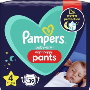 Pampers - Baby-Dry Nachtwindeln Große 4, 39 Windelhose für 9kg-15kg, Bietet Zusätzlichen Schutz für die Ganze Nacht - 39 Stück