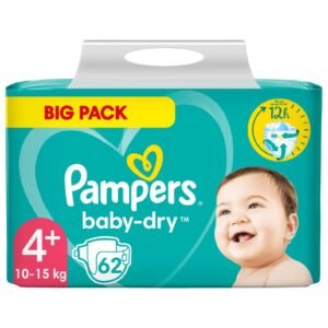 Pampers Baby Windeln Große 4+ (10-15kg) Baby-Dry, Maxi Plus, 62 Stück, BIG PACK, bis zu 12 Stunden Rundum-Auslaufschutz