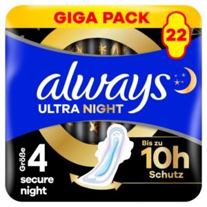 Always Ultra Night Damenbinden (Größe 4) mit Flügeln 22 Stück, Super Saugfähig Und Ultra Dünn, für Die Periode