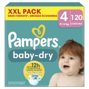 Pampers Baby-Dry Größe 4, 120 Windeln, 9 kg - 14 kg, mit einer Stop- & Protect-Tasche auf der Rückseite der Windel für eine Nacht bis zu 100% ohne Auslaufen