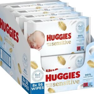 Huggies Pure Extra Care Sensitive Baby-Feuchttücher, Für den ganzen Körper, 99 % reines Wasser, Parfümfrei, 8 x 56 Tücher, Monatsbox