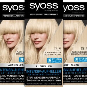 Syoss Color Coloration 13_5 Platin Aufheller Stufe 3 (3 x 157 ml), Haarfarbe für bis zu 9 Stufen Aufhellung, mit Anti-Gelbstich-Effekt & bis zu 70 % weniger Haarbruch*