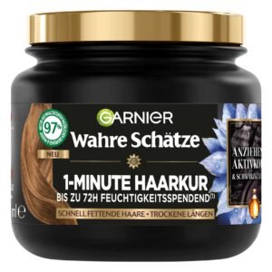 Garnier Wahre Schätze Ausgleichende Charcoal Haarmaske, Haarkur für Schnell Fettende Kopfhaut und Trockene Haarlängen, Aktivkohle und Schwarzkümmelöl, 340 ml (1er Pack)