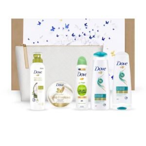 Dove, Set Daily Routine, enthält Shampoo und Pflegespülung für den Alltag, Duschmousse mit Kokosöl, Körpercreme aus hochwertiger Seide, Antitranspirant für Gurken und grünem Tee, Geschenkidee für