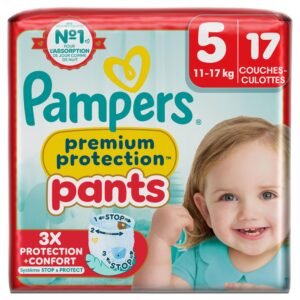 Pampers Premium Protection Pants Größe 5, 17 Windeln, 11 kg - 17 kg, mit 360° Halt und weichen Auslaufbarrieren, 2 mal breiter als vorne für Komfort und Schutz