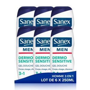 SANEX - Duschgel Body & Face Dermo Sensitive Sensitive Skin - Duschgel für Männer - Dermatologisch getestete Formel - Stärkt die natürlichen Abwehrkräfte der Haut - 250 ml - Packung mit 6