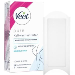 Veet Pure Kaltwachsstreifen für Körper, Arme & Beine - Haarentfernung für sensible Haut - Bis zu 28 Tage glatte Haut - 11 Doppelstreifen = 22 Kaltwachsstreifen