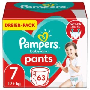 Pampers BabyDry Pants 7 63 Höschenwindeln Einfaches An und Ausziehen Zuverlässige Trockenheit 17kg+, 63 stück