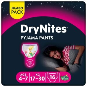 Huggies DryNites 4 – 7 Jahre Mädchen (17 – 30 kg) – Unterwäsche Set Nacht saugstark für Kinder, die machen Pipi im Bett – X32 Windelhosen (2 Pakete Set von 16)
