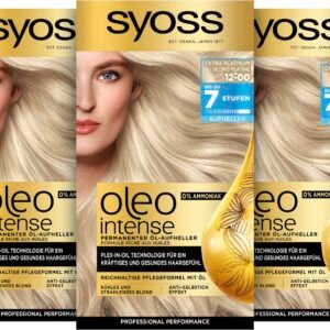 Syoss Oleo Intense Öl-Aufheller 12-00 Extra Platinum Stufe 3 (133 ml), dauerhafte Haarfarbe mit pflegendem Öl, Coloration ohne Ammoniak