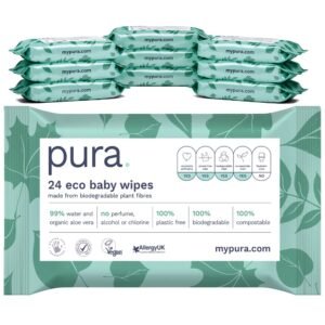 Pura | Babytücher (28 Packungen mit je 24 Tüchern), 100 % plastikfrei, biologisch abbaubar, aus 99 % Wasser und Bio-Aloe Vera, vegan, geeignet für empfindliche und ekzemanfällige Haut