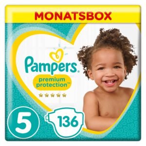 Pampers Premium Protection Windeln, Größe 5 Junior (11-16 kg), Monatsbox, 1er Pack (1 x 136 Stück)