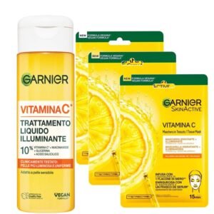 Garnier Vitamin C Liquids Aufhellende Gesichtsbehandlung, vegane Formel, 120 ml und 3 Gesichtsmasken aus aufhellendem Stoff