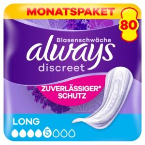 Always Discreet Inkontinenzeinlagen Long, 80 Binden (8 x 10 Stück) Monatspaket, diskreter Schutz & hohe Saugstärke, geruchsneutralisierend