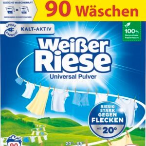 Weißer Riese Universal Pulver (90 Waschladungen), Vollwaschmittel wirkt riesig stark gegen Flecken, Kalt-Aktiv schon ab 20° C, ergiebiges Waschpulver, ideal für Familien mit Kindern