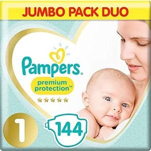 Pampers Baby-Windeln, Große 1 (25 kg), Premium-Schutz, (neues Baby), 144 Stück, Jumbo-Pack Duo, Baby-Essentials für Neugeborene