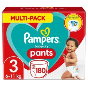 Pampers Windeln Pants Größe 3 (6-11kg) Baby-Dry, Midi, 180 Höschenwindeln mit Stop- und Schutz Täschchen, MONATSBOX (Verpackung kann variieren)