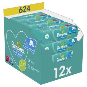 Pampers Fresh Clean Feuchttücher 12 Packungen mit 52 Stück, 624 Feuchttücher, milder Duft, auch für Hände und Gesicht geeignet