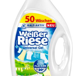 Weißer Riese Universal Gel (50 Waschladungen), Vollwaschmittel sorgt für strahlend saubere Wäsche & wirkt riesig stark gegen Flecken, Kalt-Aktiv schon ab 20° C, 100% recycelbar*