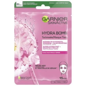Garnier Tuchmaske, Gesichtsmaske für fahle Haut, Glow-boostend und feuchtigkeitsspendend, Mit Hyaluronsäure und Sakura, Hydra Bomb, 28 g