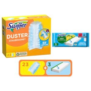 Swiffer Staubmagnet 23 Nachfülltücher und 3 Feuchte Bodentücher, Fängt Und Schließt 3-mal Mehr Staub Und Haare Ein Als Herkömmliche Staubwedel