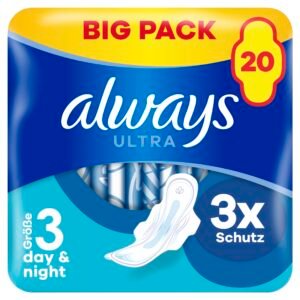 Always Ultra Binden Damen Gr. 3, Day & Night (20 Damenbinden mit Flügeln) Big Pack, dünn und super saugfähig, geruchsneutralisierend und Auslaufschutz
