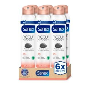 Sanex Natur Protect Deo-Spray, 6 Stück x 200 ml, 24H Schutz vor schlechtem Geruch, mit Aluminiumstein, 0% Alkohol, ohne Allergene und Farbstoffe, empfindliche Haut