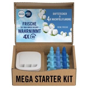 Febreze Programmierbarer Lufterfrischer 3Volution Duftstecker Starter-Kit + 4x Nachfüllflakons Reine Frische, 3 Wechselnde Düfte Zum Bekämpfen Von Gerüchen