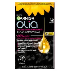 Garnier Olia Midnight Haarfarbe, permanente Haarfarbe, ohne Ammoniak, deckt 100% weißes Haar ab, mit natürlichen Blütenölen natürlichen Ursprungs, vegane Formel, intensives Schwarz