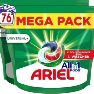 Ariel Allin1 PODS, Flüssigwaschmittel-Kapseln Universal+ 76 Waschladungen, Wirken Selbst Bei 7 Tage Alten, Eingetrockneten Flecken in Kaltem Wasser