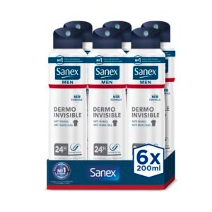 Sanex Men Dermo Invisible Deodorant für Herren, 6 Stück x 200 ml, 24H-Schutz, Antitranspirant, Anti-Reizung, 0% Alkohol, gegen weiße Flecken, bekämpft schlechten Geruch